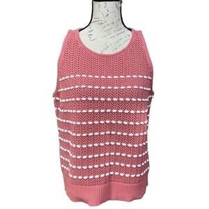 𝅺LOFT women Crochet knitted Tank Top Pink Coral White w pockets Sz L